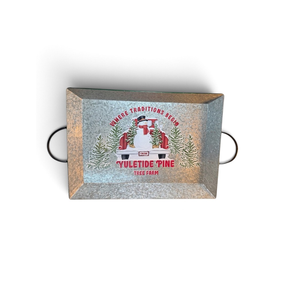 Yuletide Pine Tree Farm Galvanized Metal Serving Tray Snowman Vintage Truck 15in
